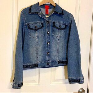 V Cristina Sz M Blue Jean Jacket W Lace Flowers